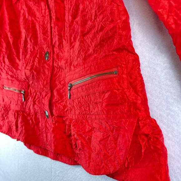 CHICOS Womens L Red Crinkle Jacket Button Up Zip Pockets Lightweight 3/4 Sleeves - Picture 4 of 11